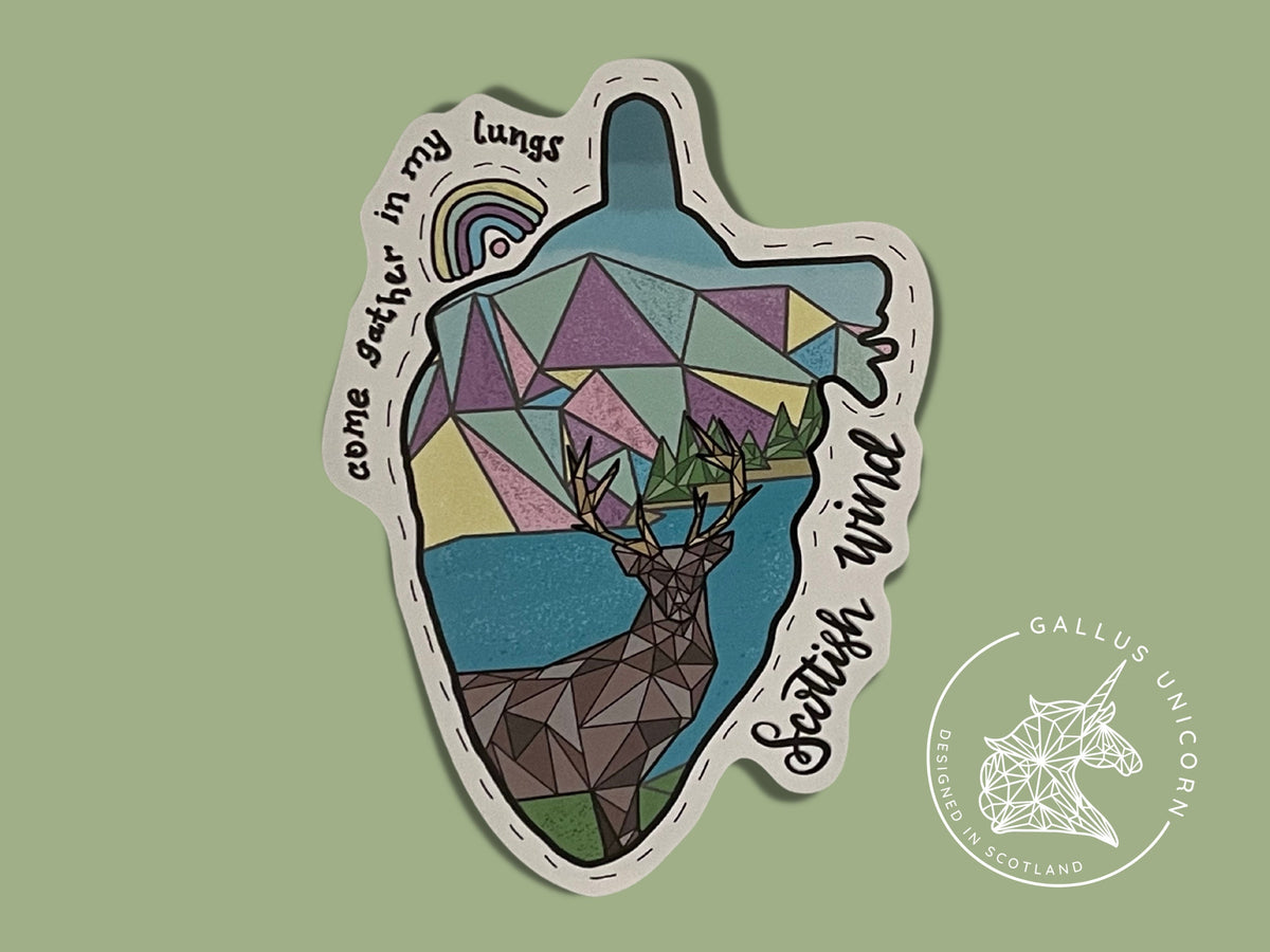 Scottish Wind Vinyl Sticker: Polygon Stag, Pastel Loch