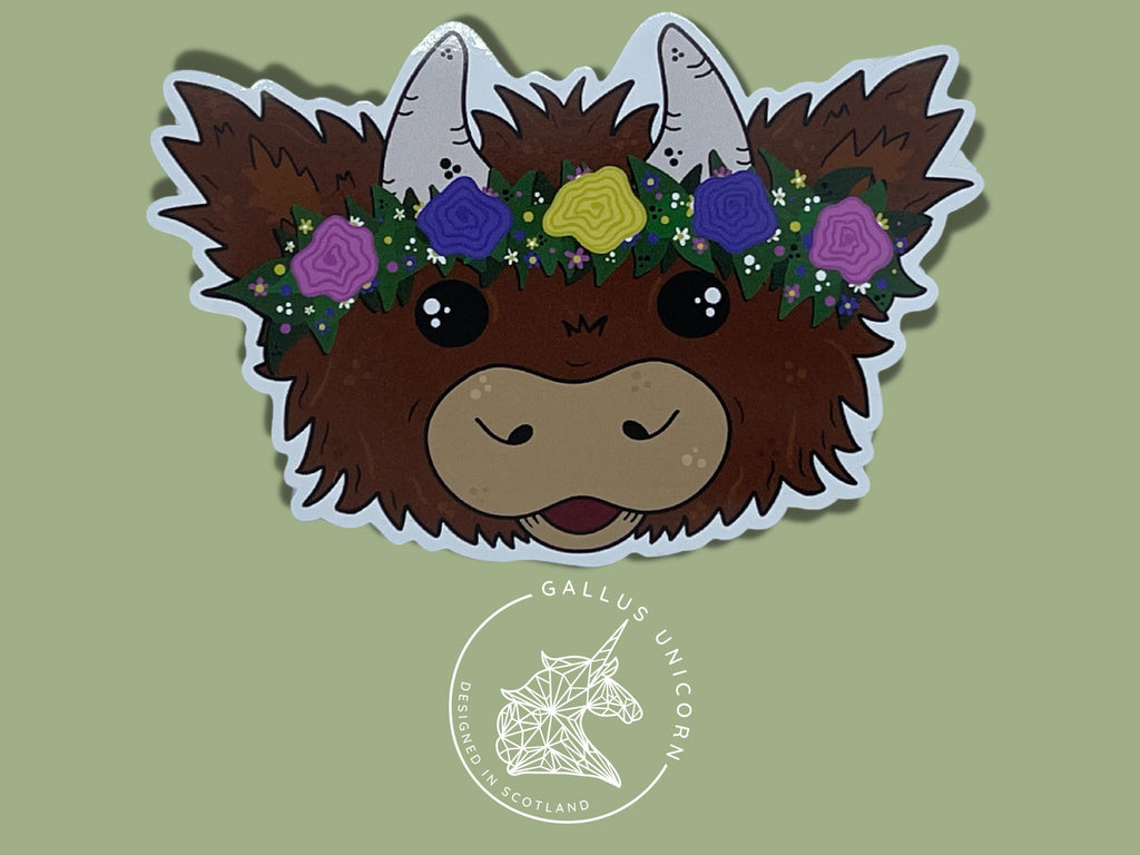 Floral Highland Cow Sticker, Scottish Coo Decal