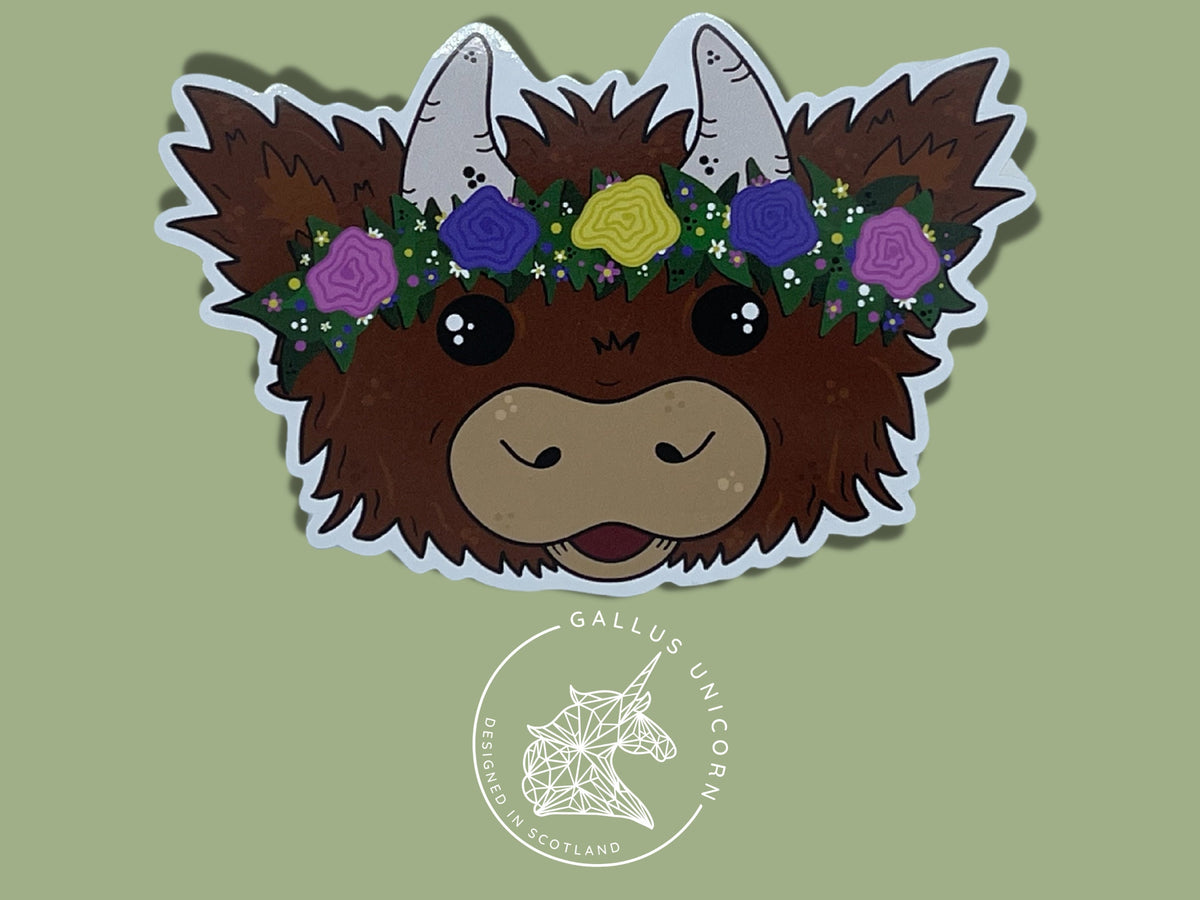 Floral Highland Cow Sticker, Scottish Coo Decal