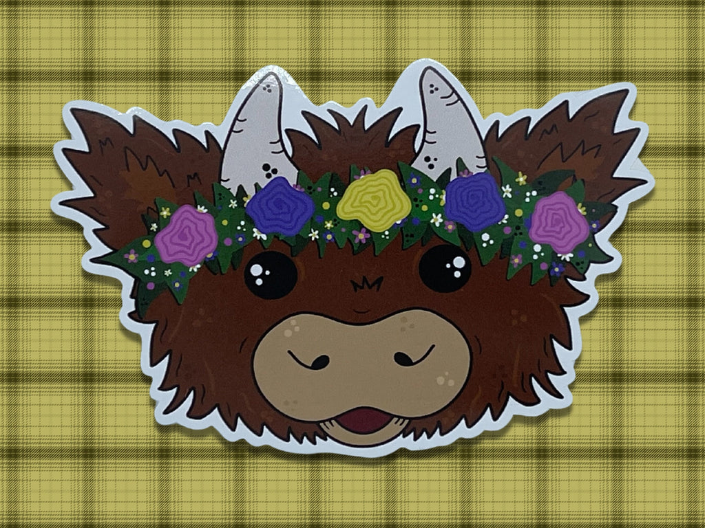 Floral Highland Cow Sticker, Scottish Coo Decal