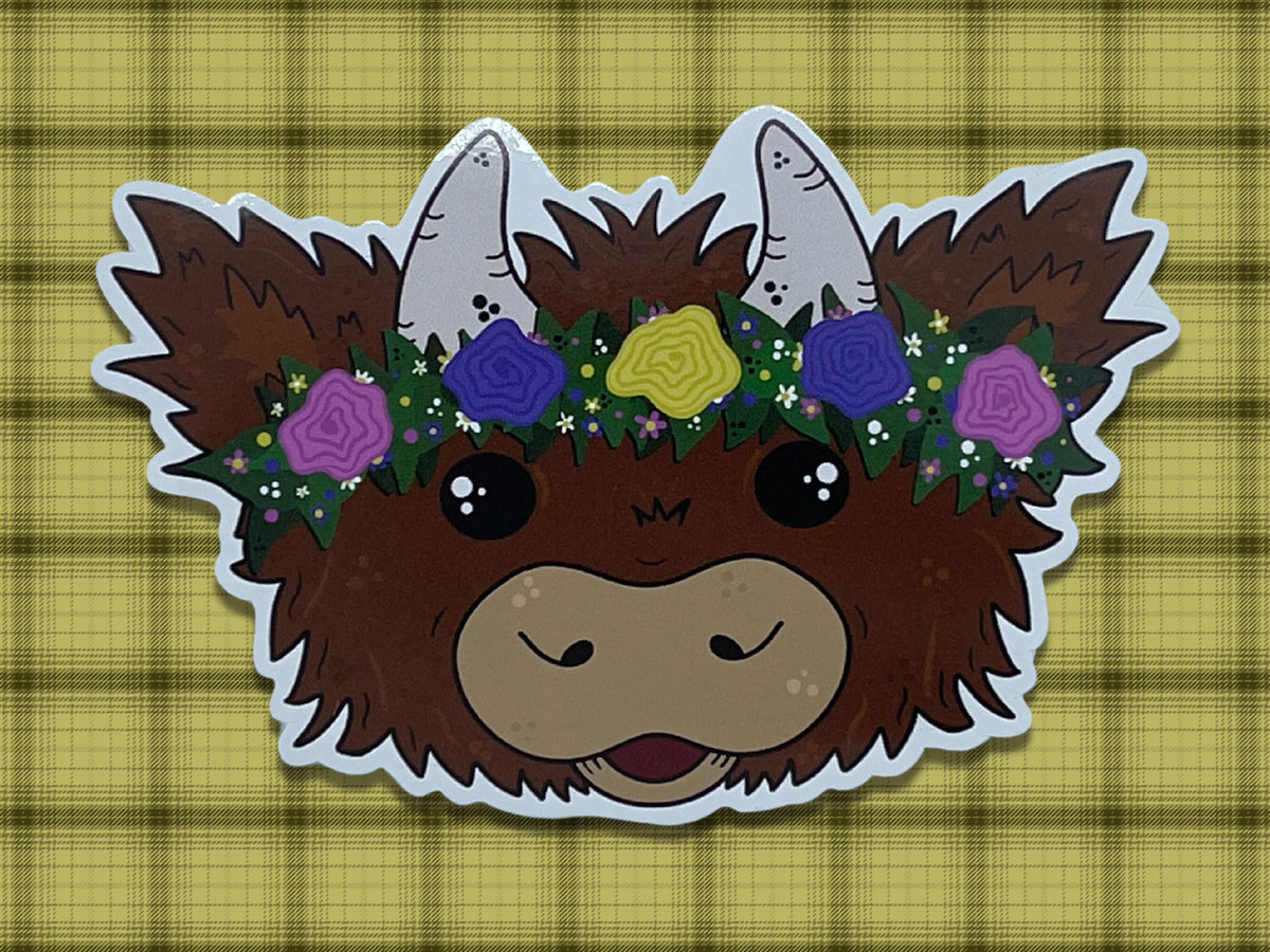 Floral Highland Cow Sticker, Scottish Coo Decal