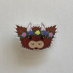 Highland Cow Acrylic Pin: Floral Crown, Scottish Recycled Coo