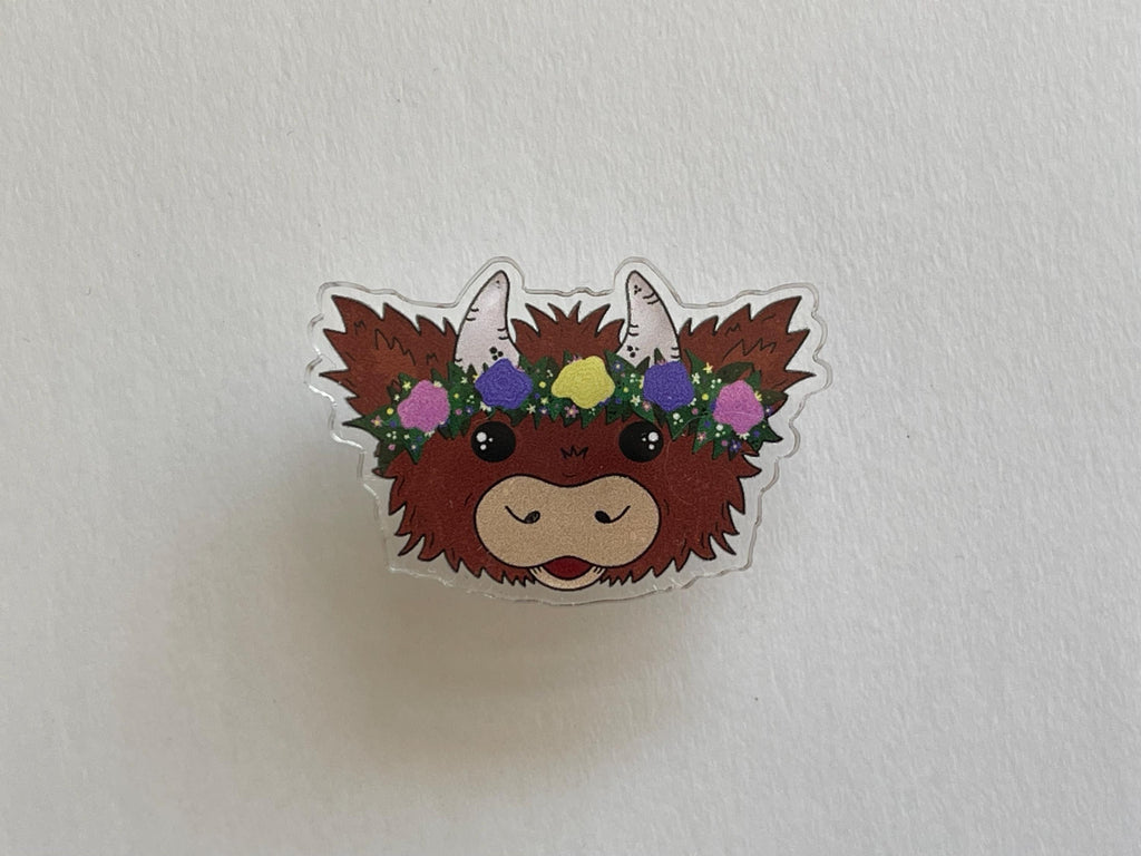 Highland Cow Acrylic Pin: Floral Crown, Scottish Recycled Coo