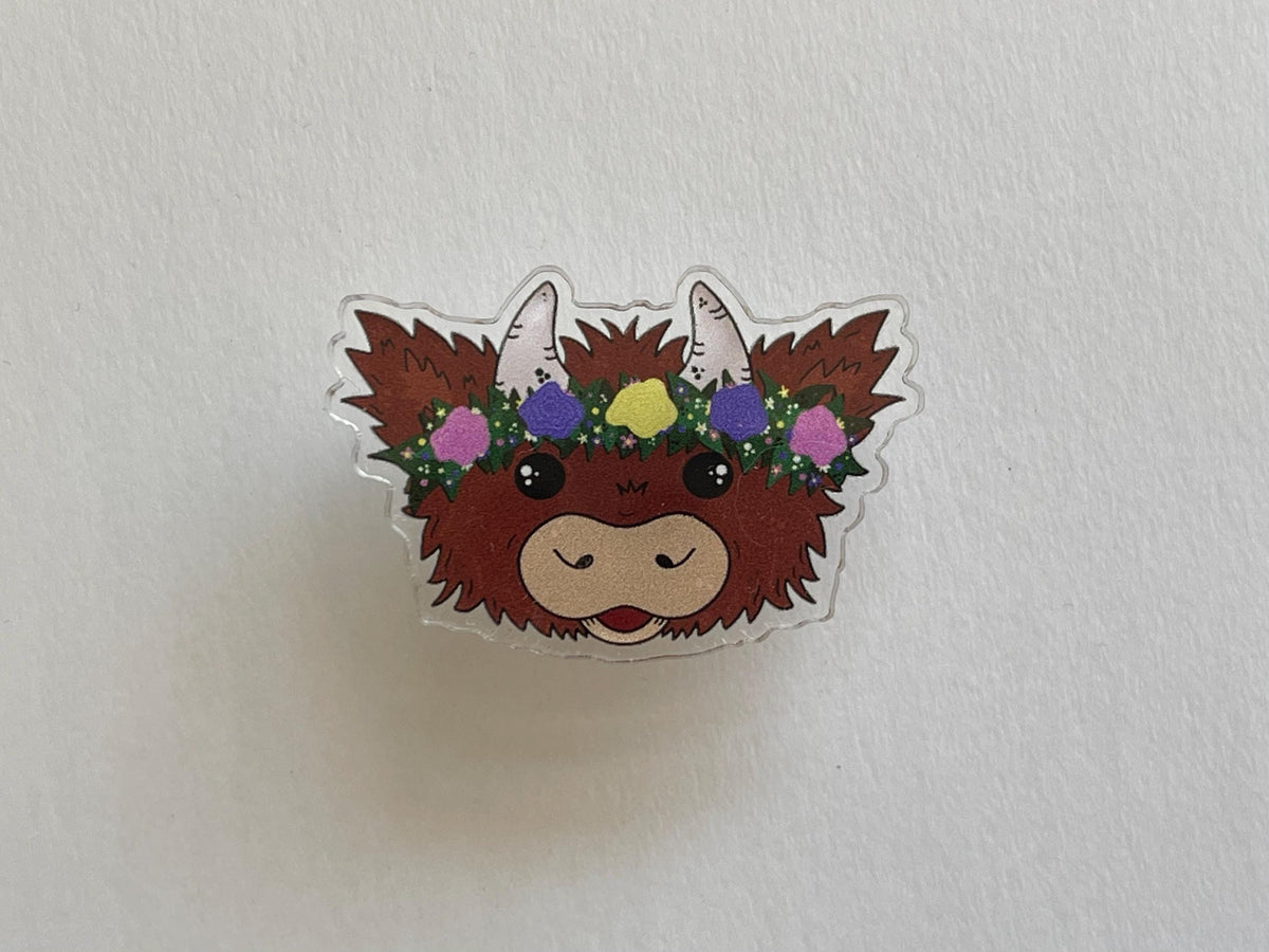 Highland Cow Acrylic Pin: Floral Crown, Scottish Recycled Coo