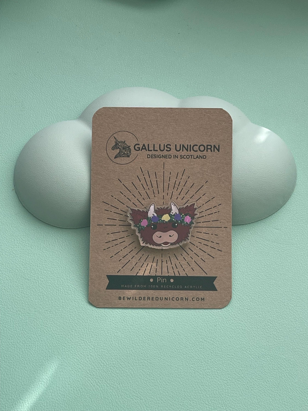 Highland Cow Acrylic Pin: Floral Crown, Scottish Recycled Coo