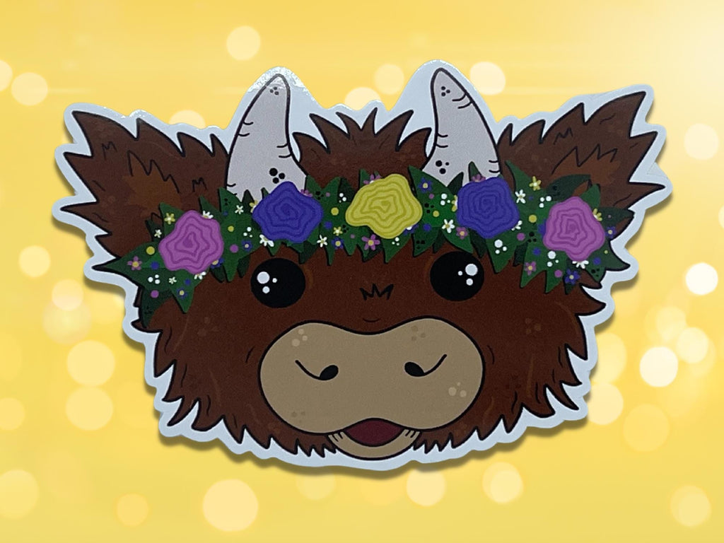 Floral Highland Cow Sticker, Scottish Coo Decal