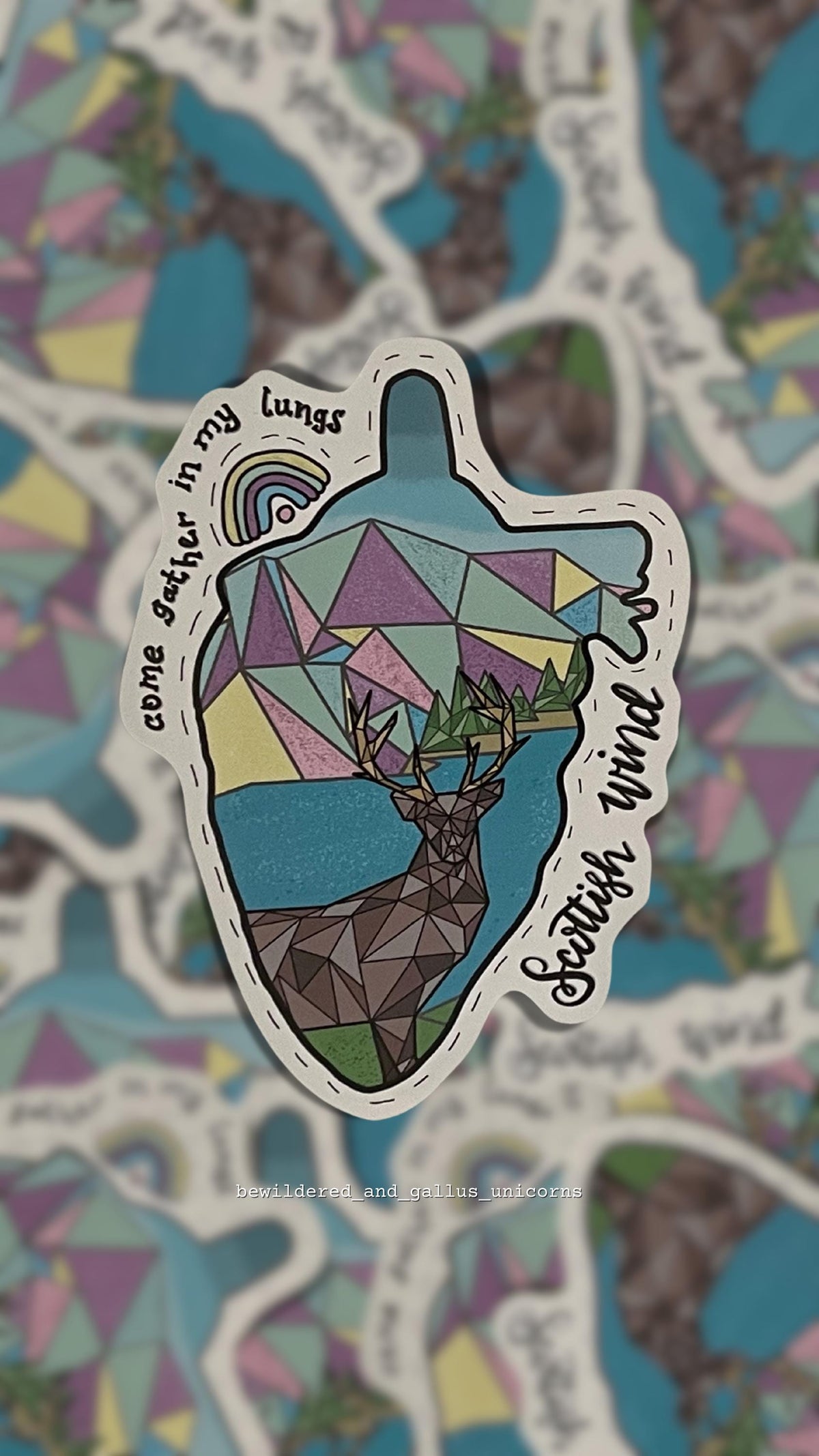 Scottish Wind Vinyl Sticker: Polygon Stag, Pastel Loch