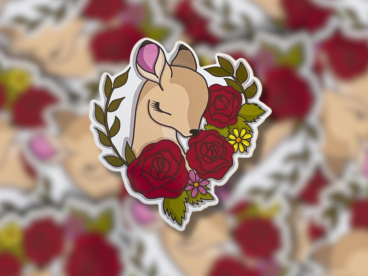 Floral Deer Head Sticker | Rose Woodland Wildlife Art Decal (10cm x 9.5cm)