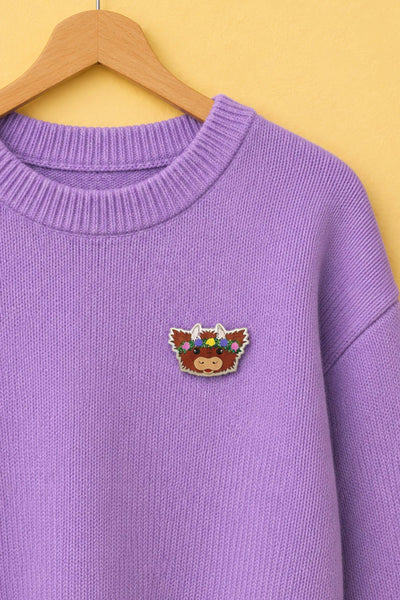 Highland Cow Acrylic Pin: Floral Crown, Scottish Recycled Coo